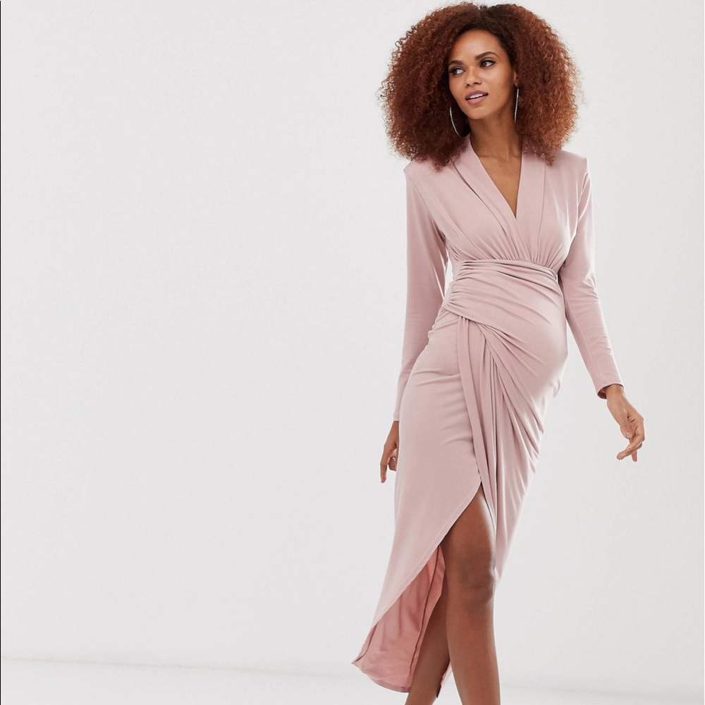 ASOS “Queen B maternity” plunged front ruched maxi dress (maternity)